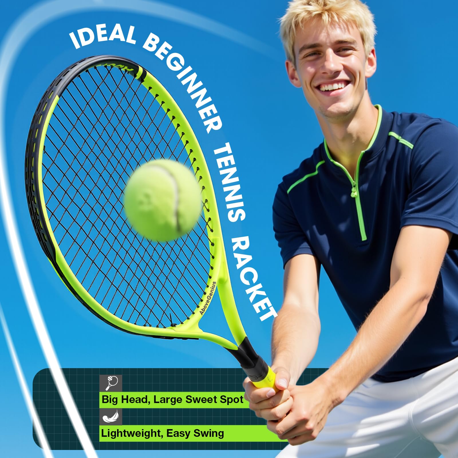 AboveGenius Neon Tennis Rackets 2 Pack for Adults- 27" Lightweight Aluminum Tennis Racquet Set with 3 Balls & Bag- Vibrant High-Visibility Matte Finish for Men Women Beginners - Tennis Mindset