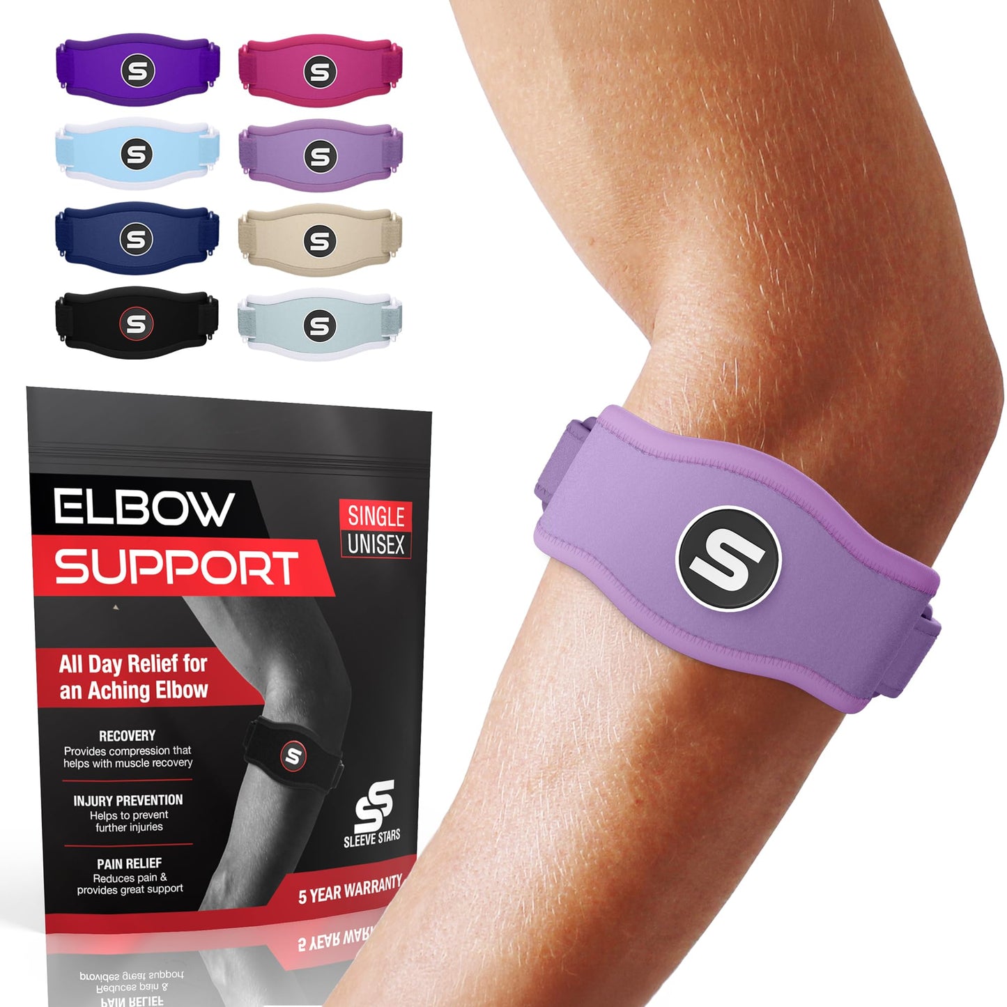 Sleeve Stars Tennis Elbow Brace for Men & Women, Elbow Brace for Tendonitis, Tennis Elbow Strap, Golfers Elbow Brace, Elbow Support Wrap for Tennis Elbow Relief, Fits 9"-23" (Single/Black) - Tennis Mindset