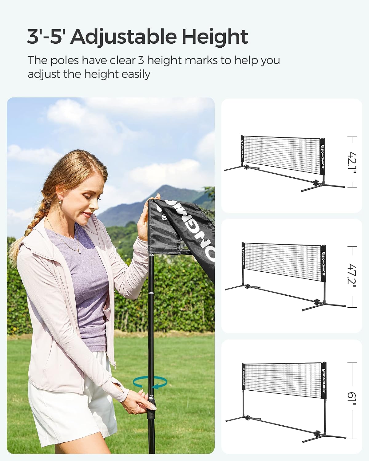 SONGMICS Badminton Net, Height Adjustable Volleyball Net, Pickleball Net for Junior Tennis, Kids, Indoor Outdoor Court, Foldable Nylon Net with Poles 10ft/13ft/16.5ft Wide - Tennis Mindset