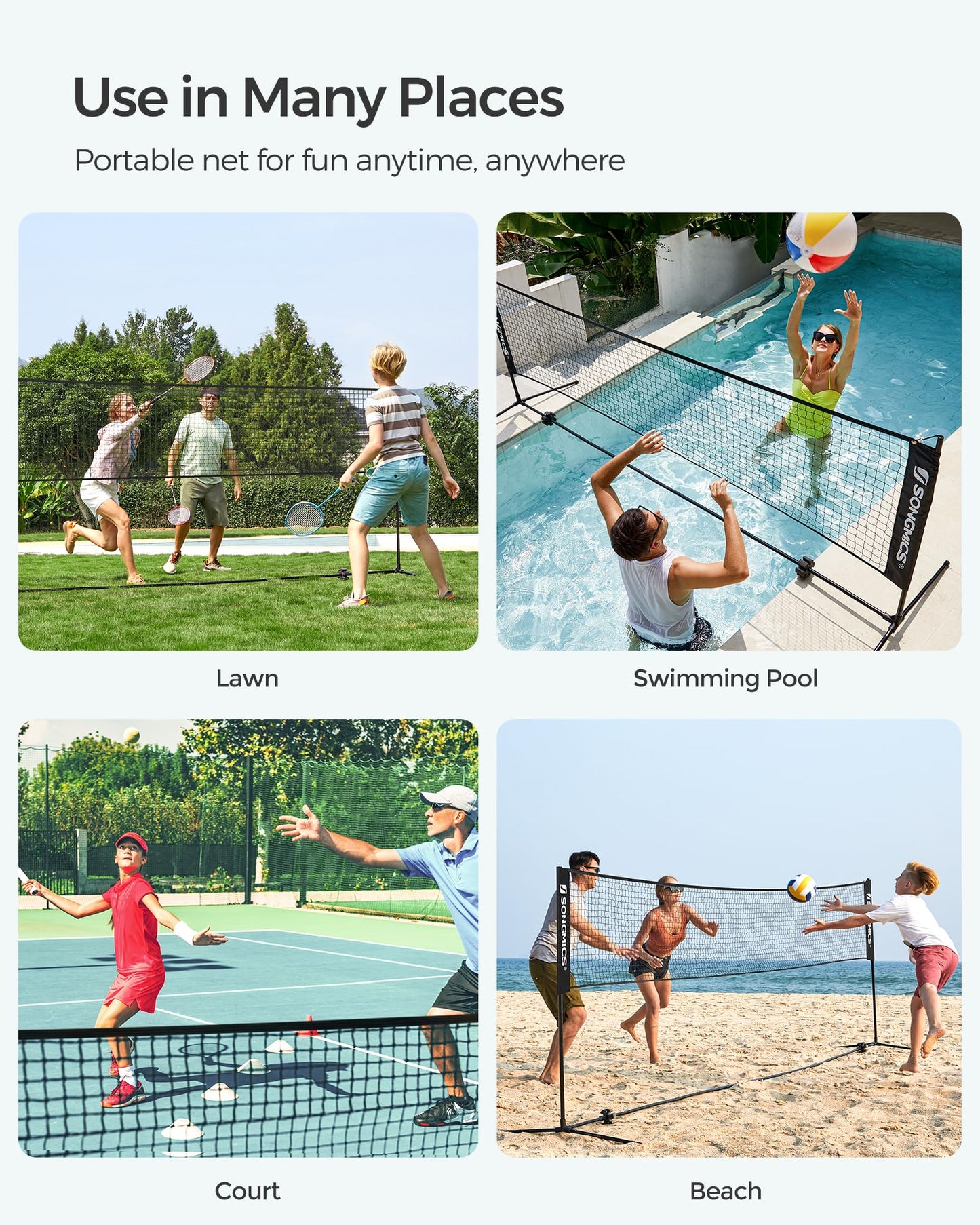 SONGMICS Badminton Net, Height Adjustable Volleyball Net, Pickleball Net for Junior Tennis, Kids, Indoor Outdoor Court, Foldable Nylon Net with Poles 10ft/13ft/16.5ft Wide - Tennis Mindset