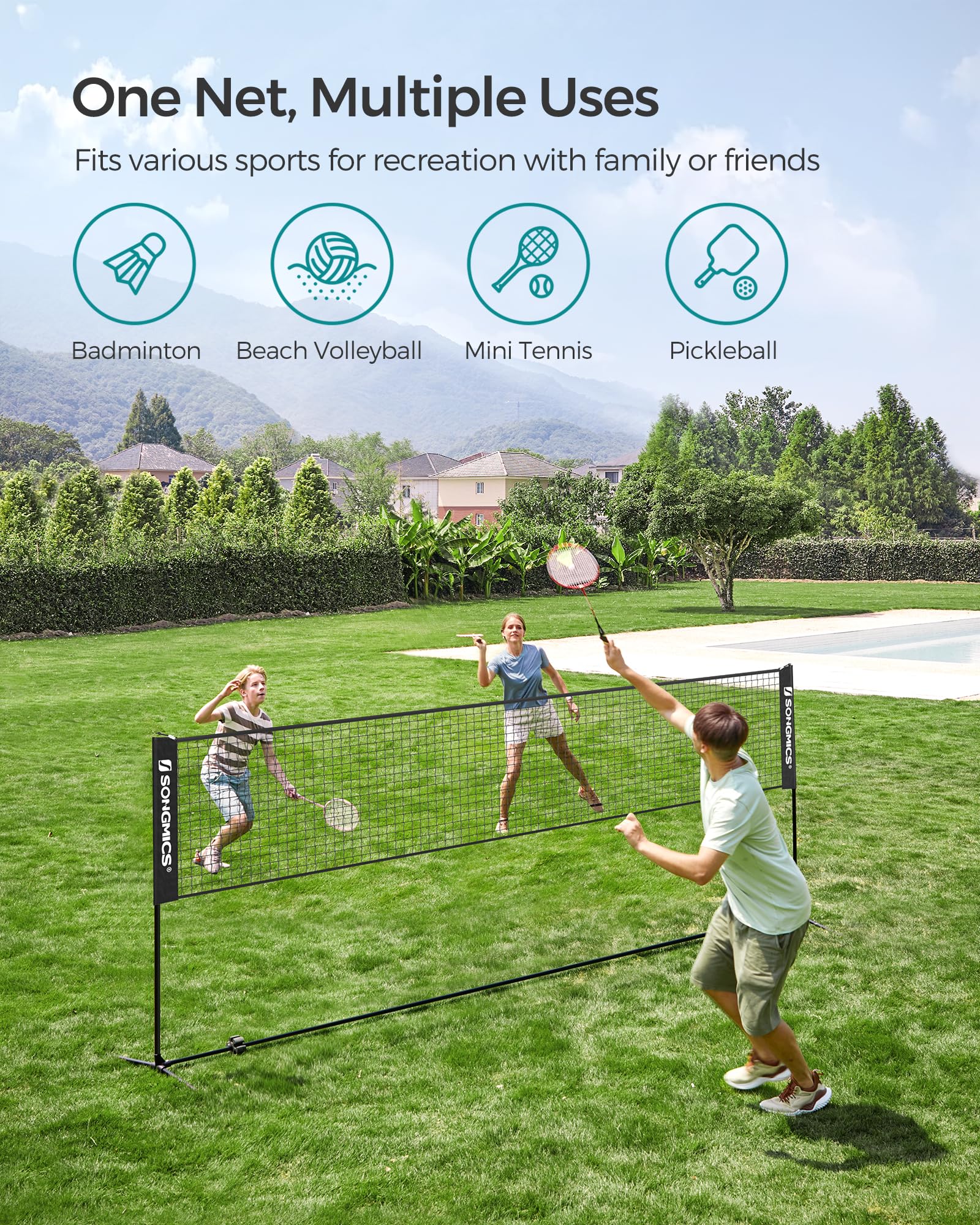 SONGMICS Badminton Net, Height Adjustable Volleyball Net, Pickleball Net for Junior Tennis, Kids, Indoor Outdoor Court, Foldable Nylon Net with Poles 10ft/13ft/16.5ft Wide - Tennis Mindset