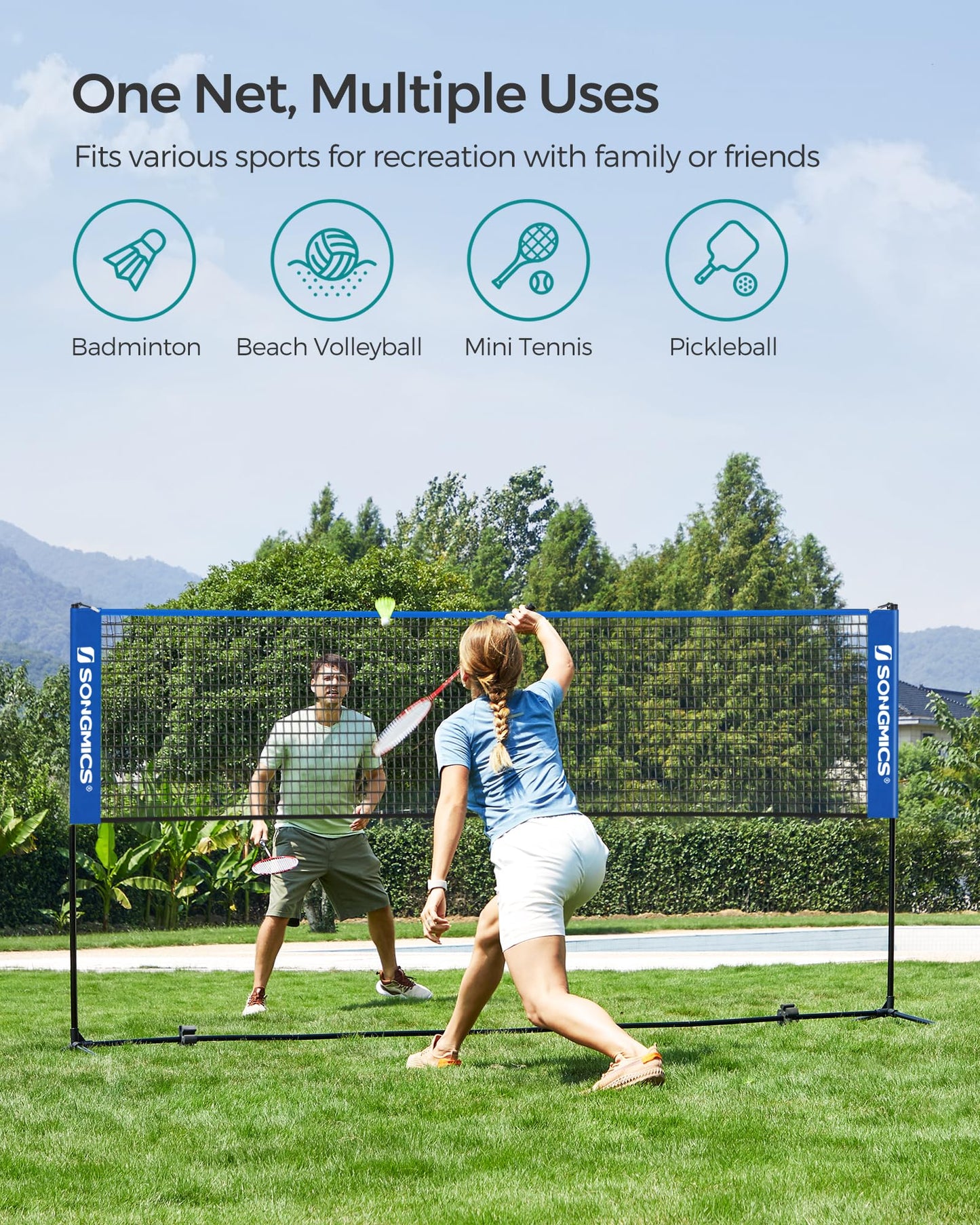 SONGMICS Badminton Net, Height Adjustable Volleyball Net, Pickleball Net for Junior Tennis, Kids, Indoor Outdoor Court, Foldable Nylon Net with Poles 10ft/13ft/16.5ft Wide - Tennis Mindset