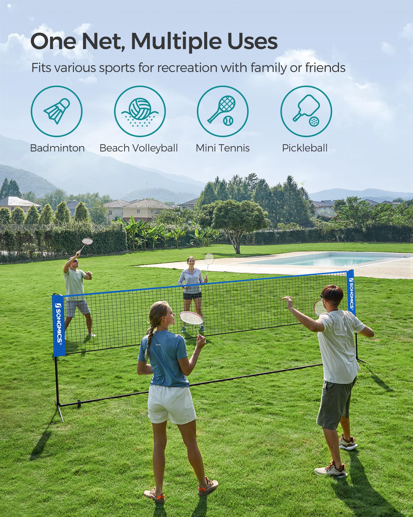SONGMICS Badminton Net, Height Adjustable Volleyball Net, Pickleball Net for Junior Tennis, Kids, Indoor Outdoor Court, Foldable Nylon Net with Poles 10ft/13ft/16.5ft Wide - Tennis Mindset