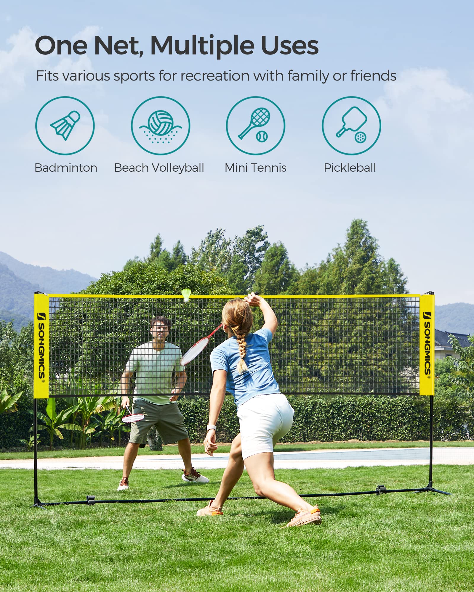 SONGMICS Badminton Net, Height Adjustable Volleyball Net, Pickleball Net for Junior Tennis, Kids, Indoor Outdoor Court, Foldable Nylon Net with Poles 10ft/13ft/16.5ft Wide - Tennis Mindset