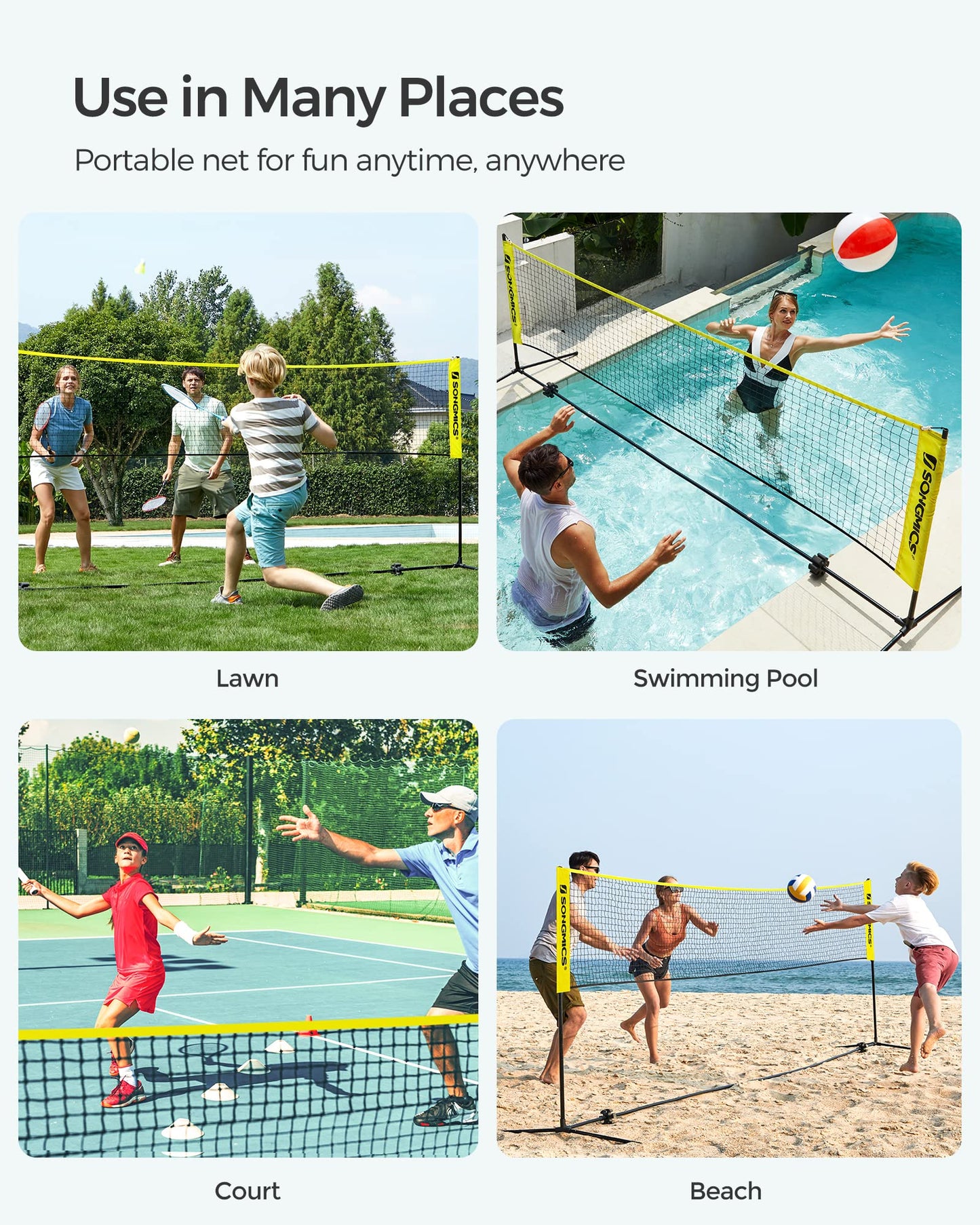 SONGMICS Badminton Net, Height Adjustable Volleyball Net, Pickleball Net for Junior Tennis, Kids, Indoor Outdoor Court, Foldable Nylon Net with Poles 10ft/13ft/16.5ft Wide - Tennis Mindset