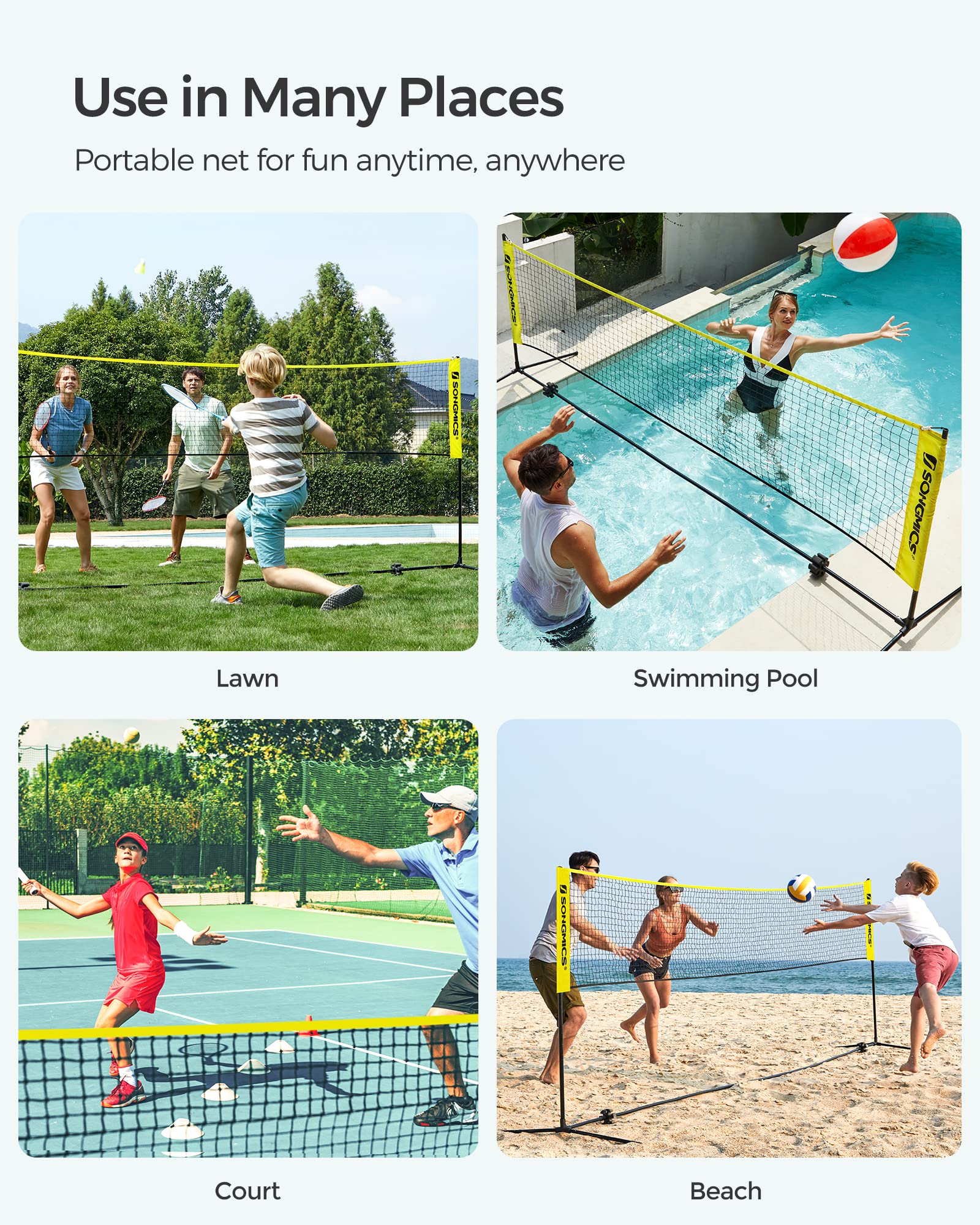 SONGMICS Badminton Net, Height Adjustable Volleyball Net, Pickleball Net for Junior Tennis, Kids, Indoor Outdoor Court, Foldable Nylon Net with Poles 10ft/13ft/16.5ft Wide - Tennis Mindset