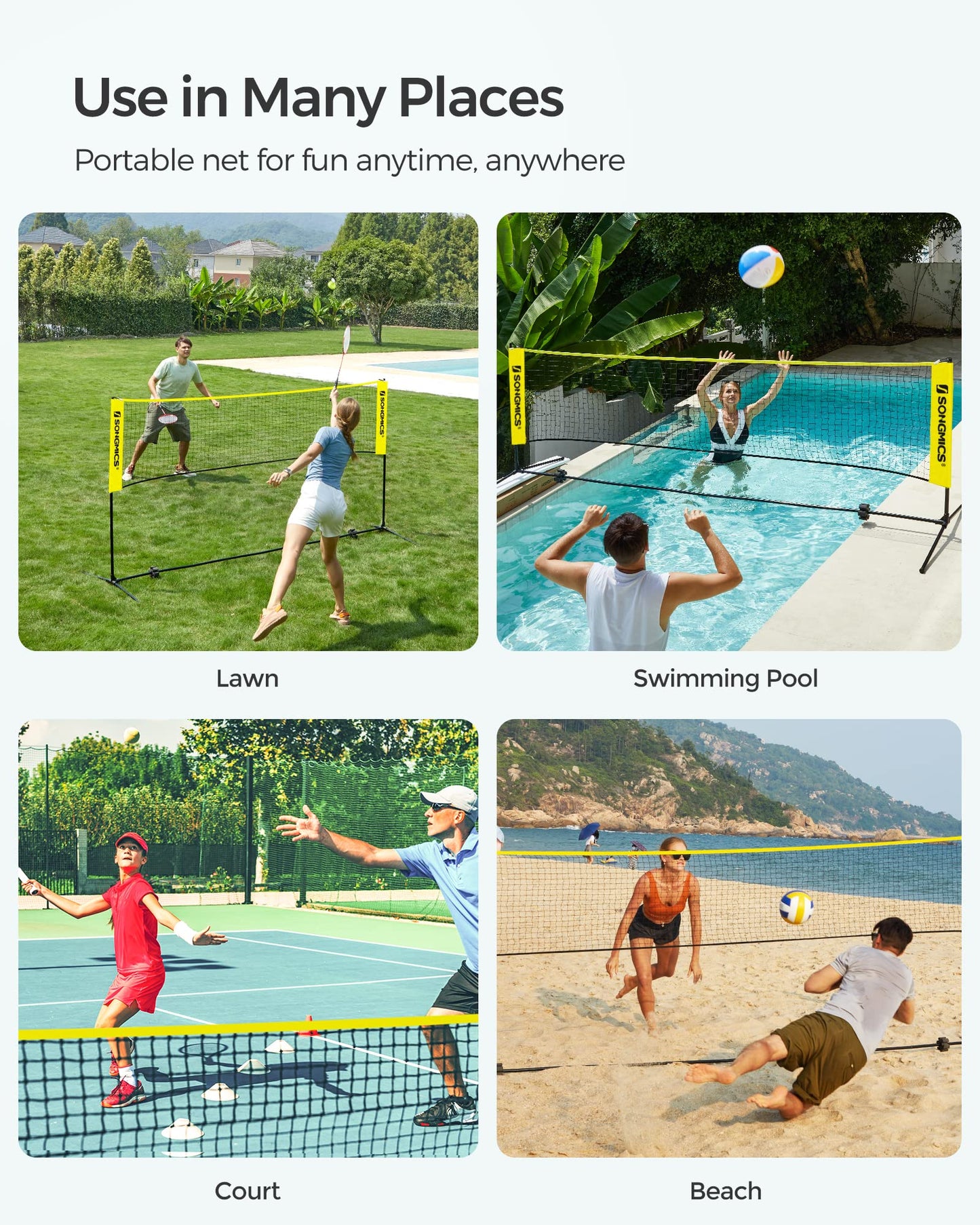 SONGMICS Badminton Net, Height Adjustable Volleyball Net, Pickleball Net for Junior Tennis, Kids, Indoor Outdoor Court, Foldable Nylon Net with Poles 10ft/13ft/16.5ft Wide - Tennis Mindset