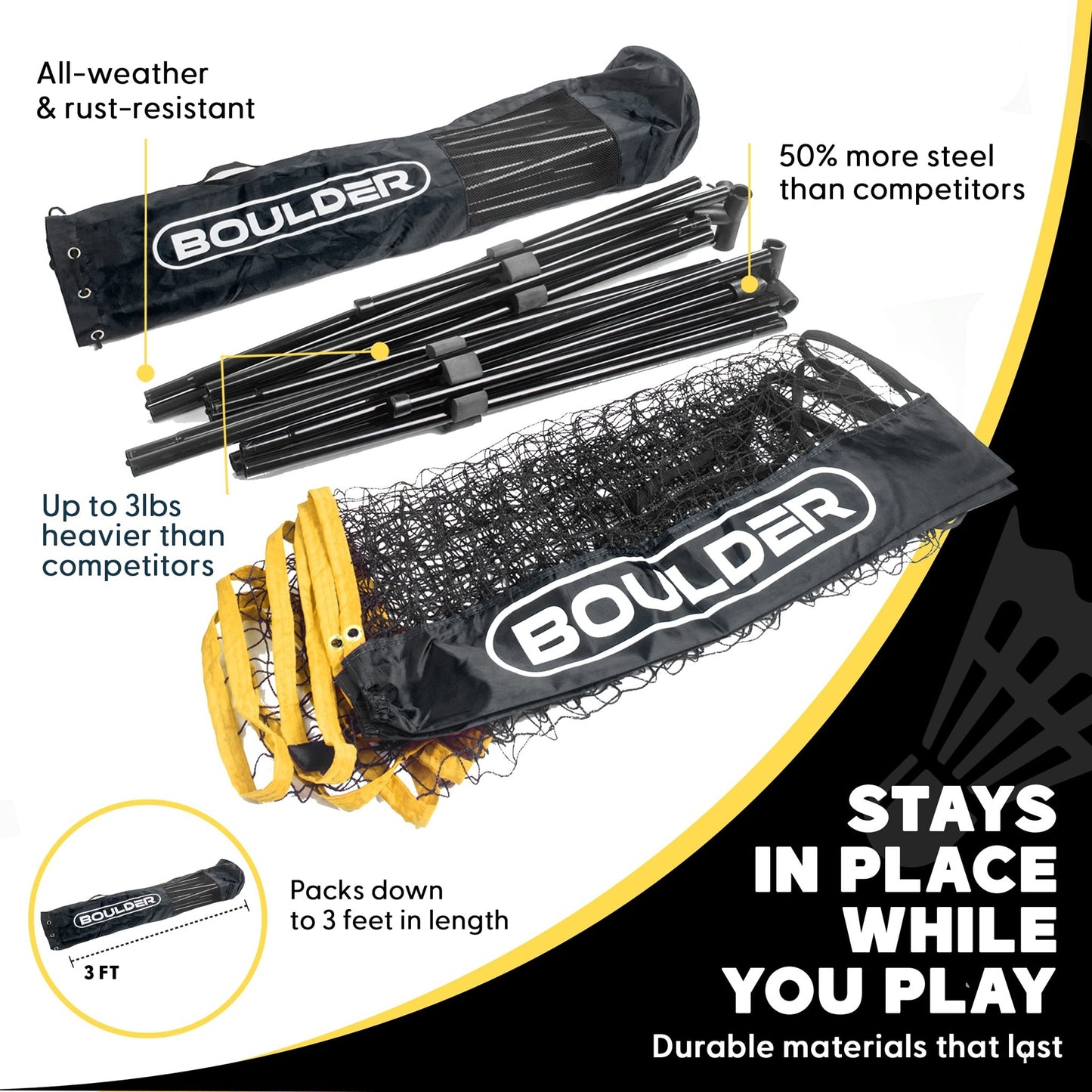 Boulder Portable Badminton Pickleball Net - Foldable/Extendable Poles for Multiple Sports Heights (UP to 5 ft) - Ideal for Tennis, Pickleball, Soccer Tennis - Easy Setup - Tennis Mindset