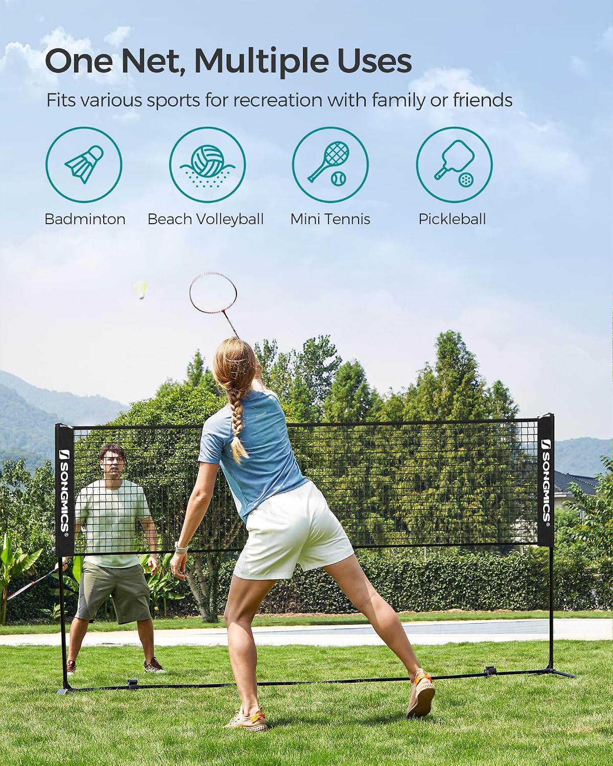 SONGMICS Badminton Net, Height Adjustable Volleyball Net, Pickleball Net for Junior Tennis, Kids, Indoor Outdoor Court, Foldable Nylon Net with Poles 10ft/13ft/16.5ft Wide - Tennis Mindset