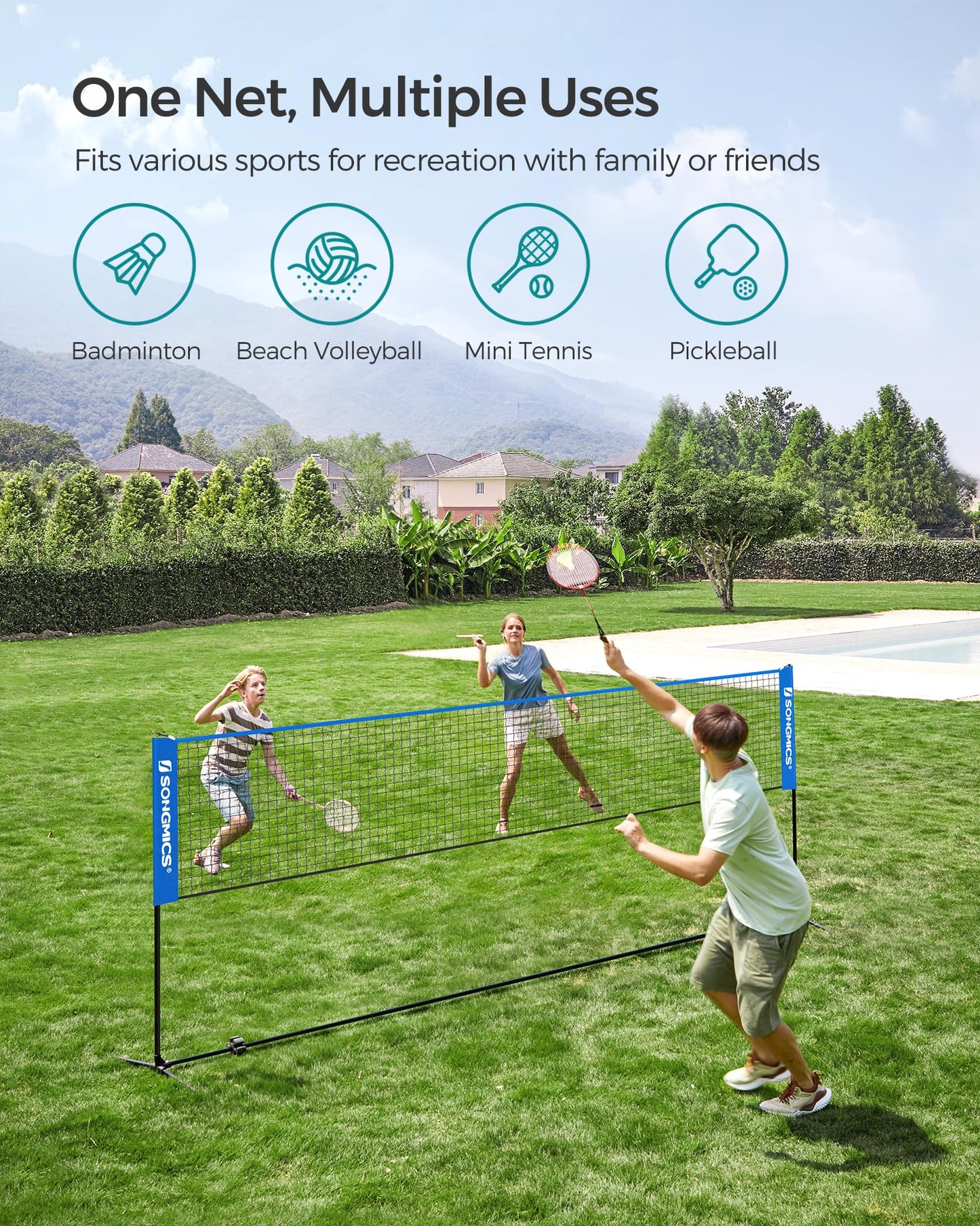 SONGMICS Badminton Net, Height Adjustable Volleyball Net, Pickleball Net for Junior Tennis, Kids, Indoor Outdoor Court, Foldable Nylon Net with Poles 10ft/13ft/16.5ft Wide - Tennis Mindset