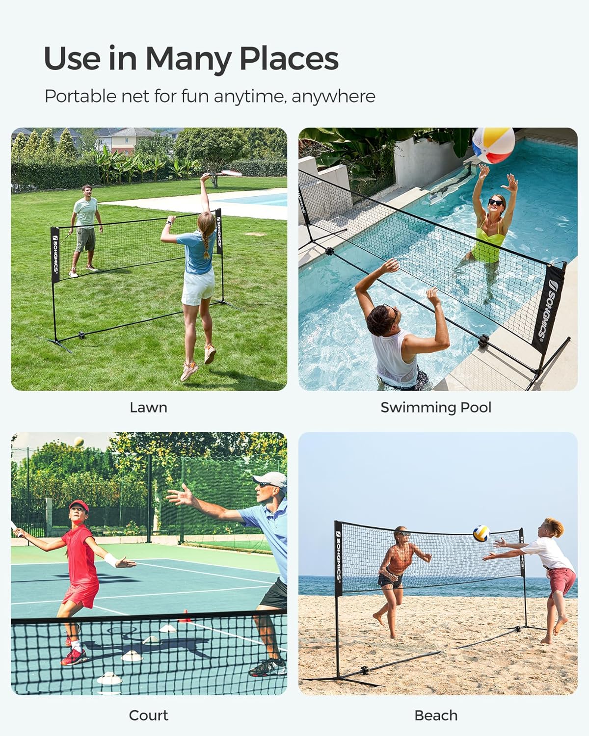 SONGMICS Badminton Net, Height Adjustable Volleyball Net, Pickleball Net for Junior Tennis, Kids, Indoor Outdoor Court, Foldable Nylon Net with Poles 10ft/13ft/16.5ft Wide - Tennis Mindset