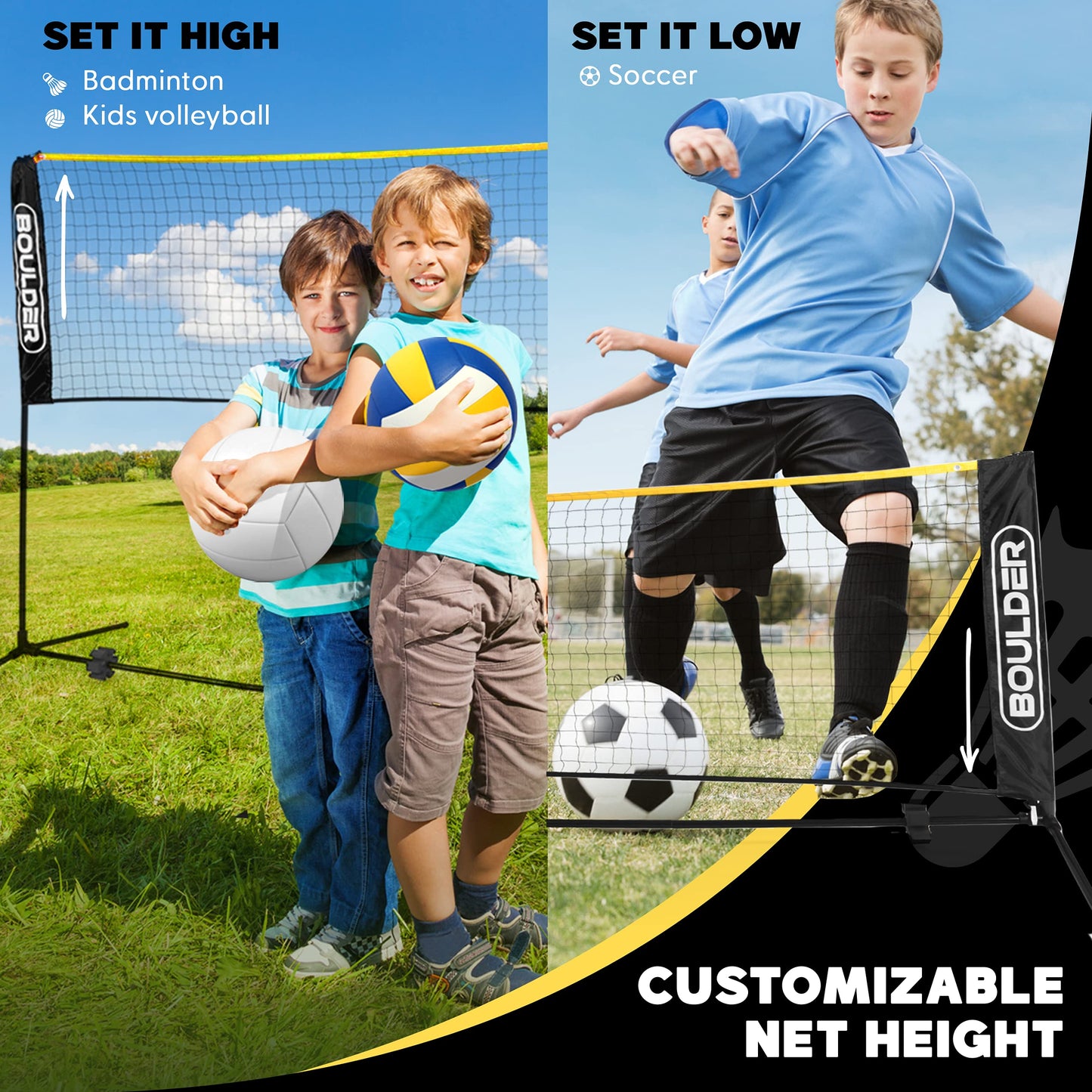 Boulder Portable Badminton Pickleball Net - Foldable/Extendable Poles for Multiple Sports Heights (UP to 5 ft) - Ideal for Tennis, Pickleball, Soccer Tennis - Easy Setup - Tennis Mindset