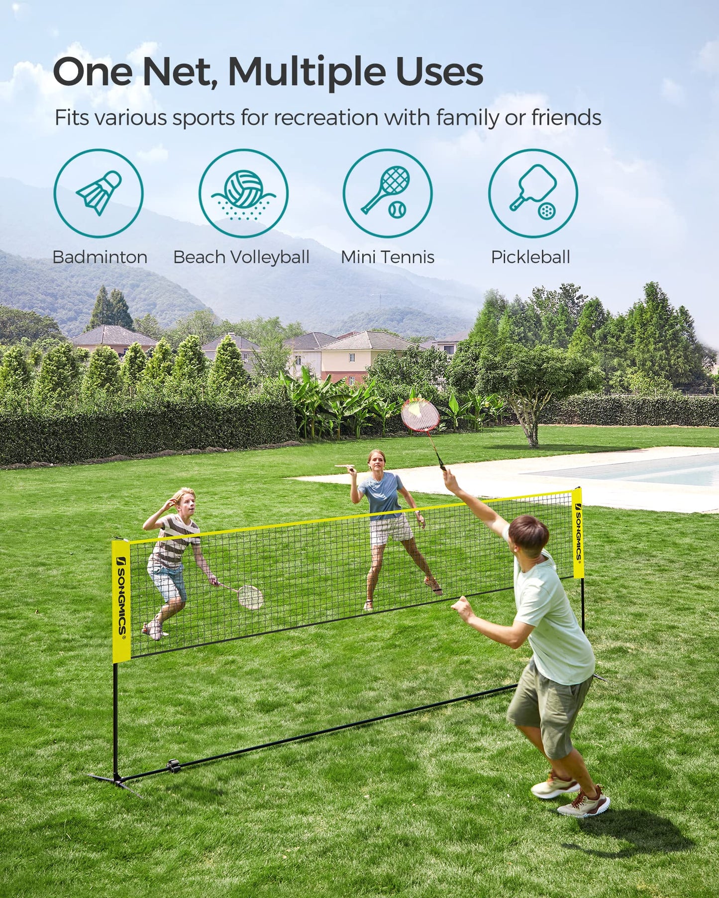 SONGMICS Badminton Net, Height Adjustable Volleyball Net, Pickleball Net for Junior Tennis, Kids, Indoor Outdoor Court, Foldable Nylon Net with Poles 10ft/13ft/16.5ft Wide - Tennis Mindset