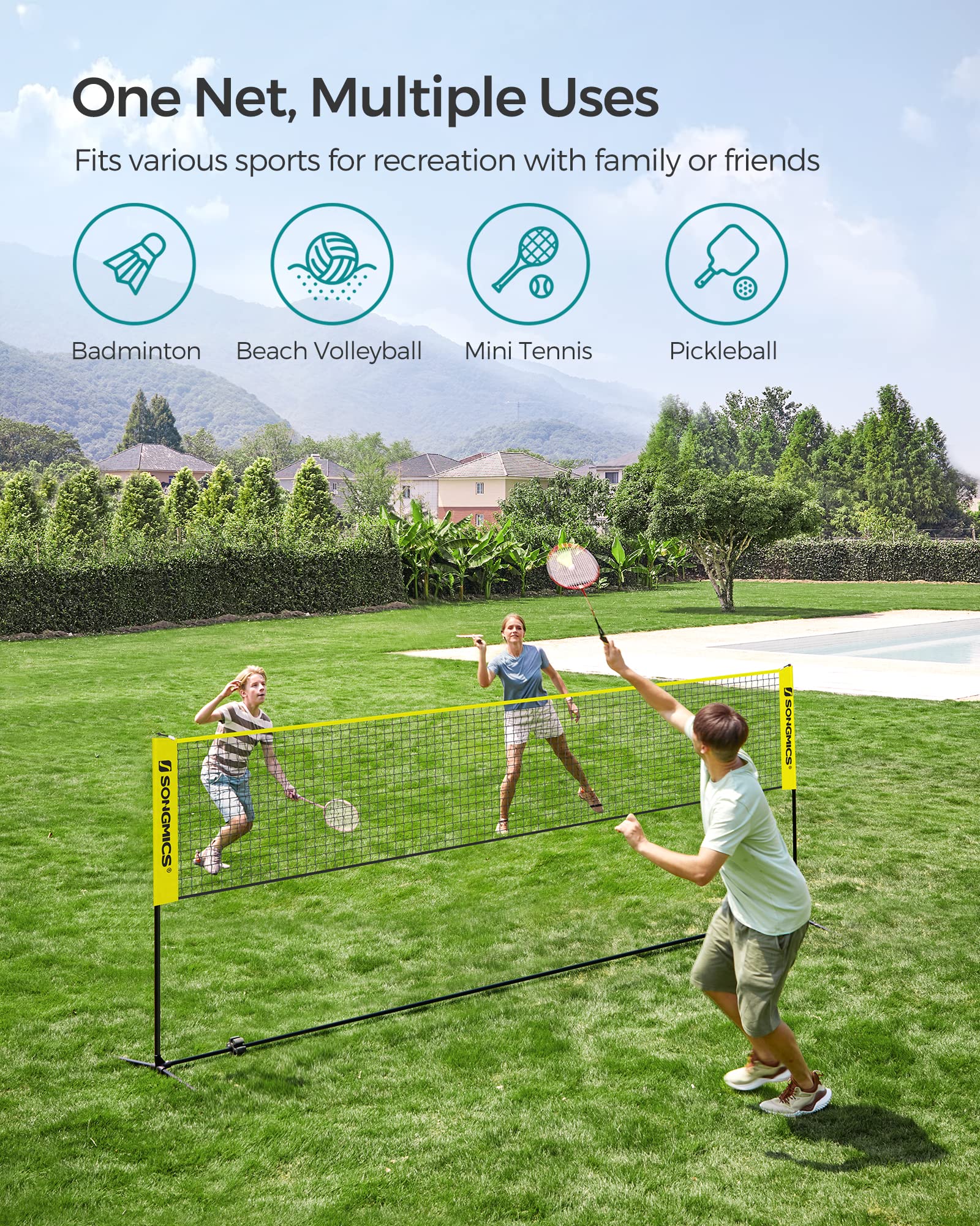 SONGMICS Badminton Net, Height Adjustable Volleyball Net, Pickleball Net for Junior Tennis, Kids, Indoor Outdoor Court, Foldable Nylon Net with Poles 10ft/13ft/16.5ft Wide - Tennis Mindset