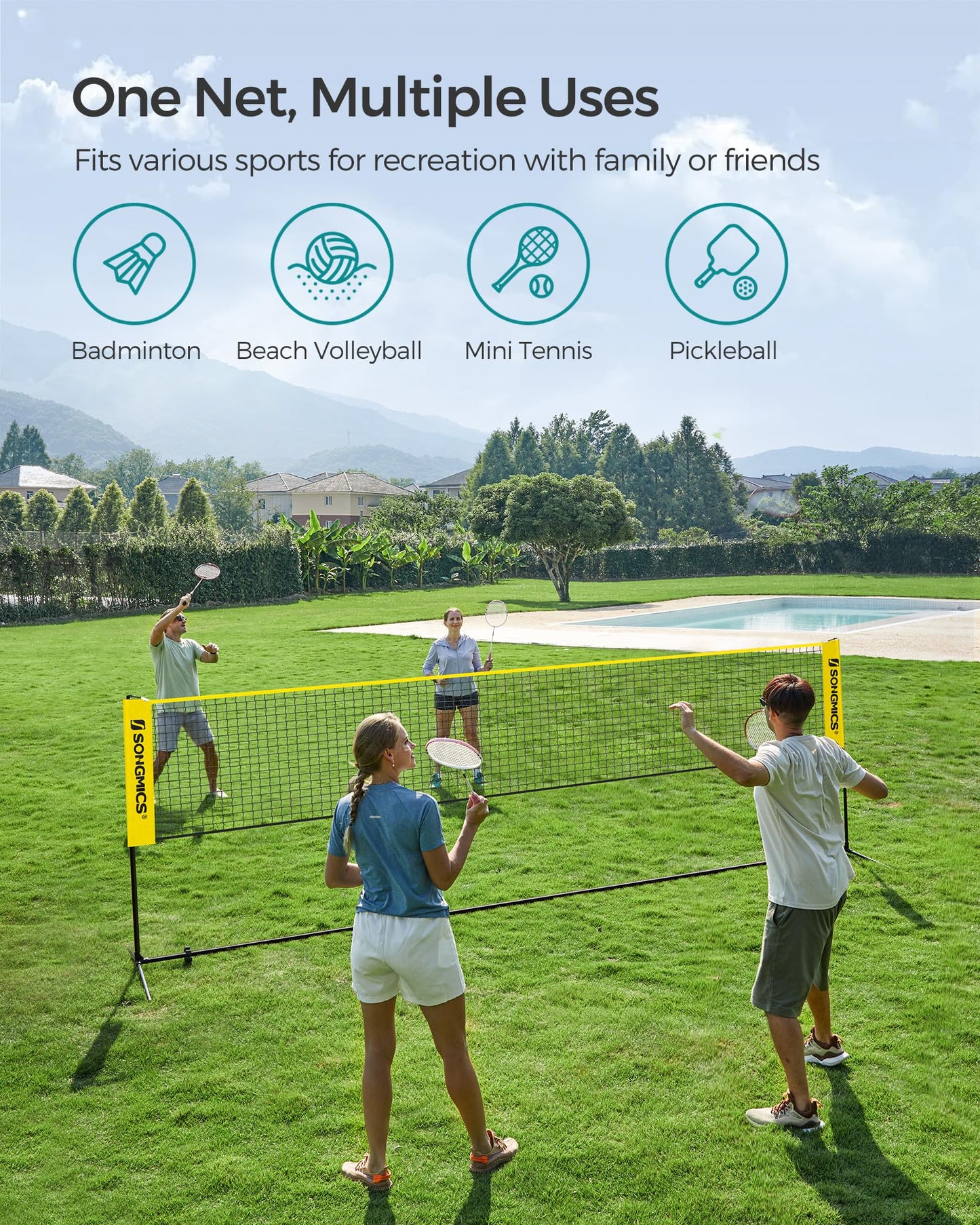 SONGMICS Badminton Net, Height Adjustable Volleyball Net, Pickleball Net for Junior Tennis, Kids, Indoor Outdoor Court, Foldable Nylon Net with Poles 10ft/13ft/16.5ft Wide - Tennis Mindset