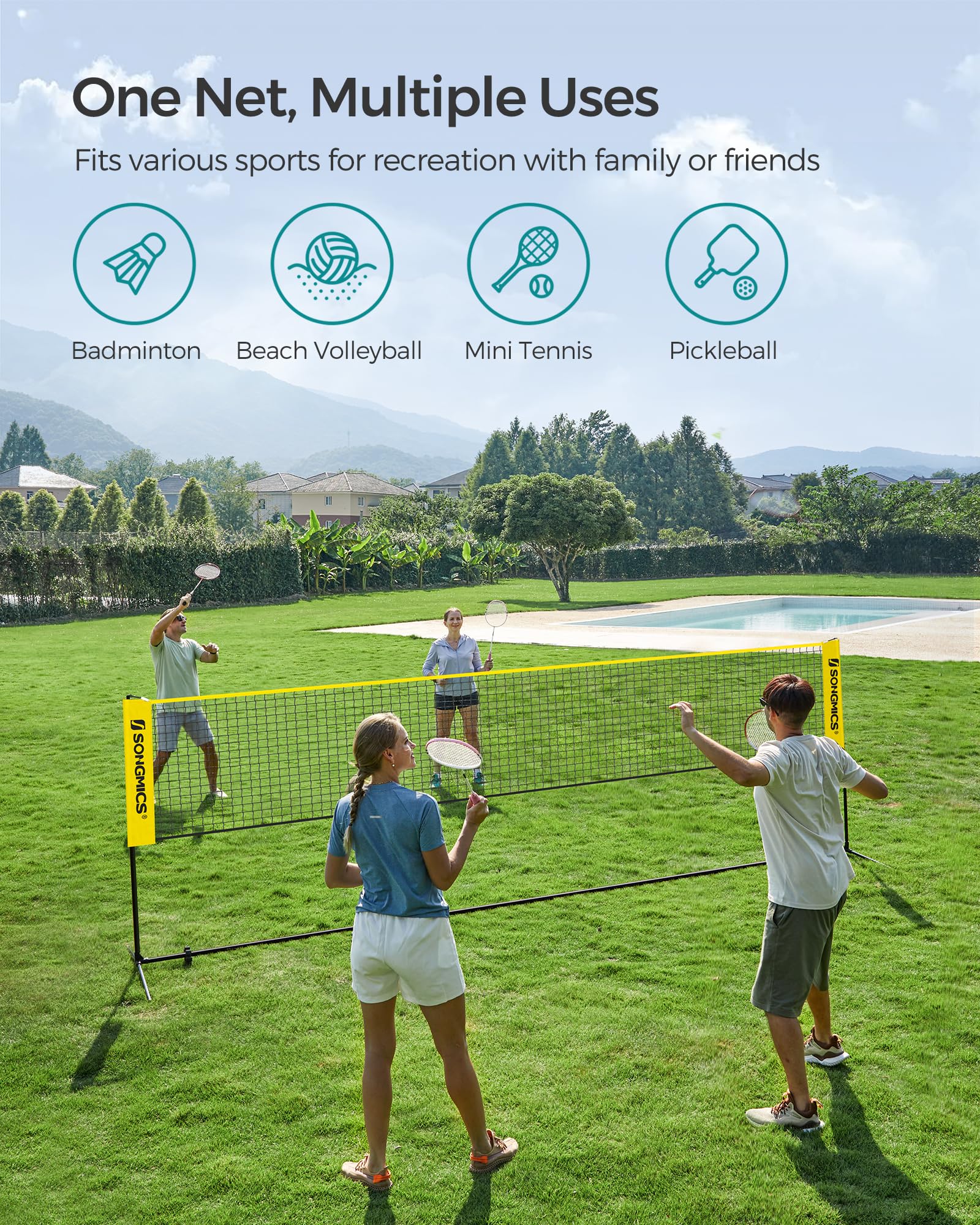 SONGMICS Badminton Net, Height Adjustable Volleyball Net, Pickleball Net for Junior Tennis, Kids, Indoor Outdoor Court, Foldable Nylon Net with Poles 10ft/13ft/16.5ft Wide - Tennis Mindset