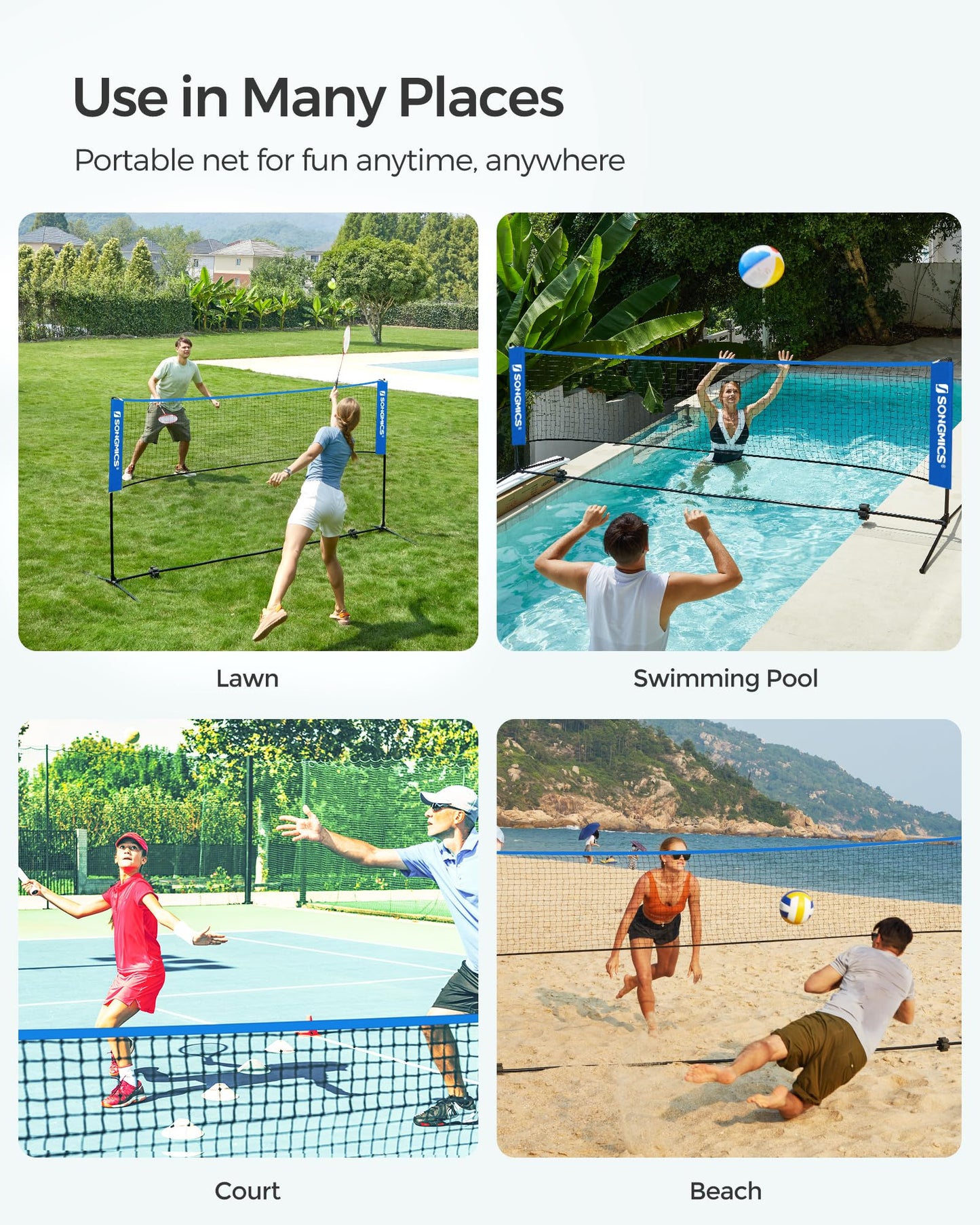 SONGMICS Badminton Net, Height Adjustable Volleyball Net, Pickleball Net for Junior Tennis, Kids, Indoor Outdoor Court, Foldable Nylon Net with Poles 10ft/13ft/16.5ft Wide - Tennis Mindset
