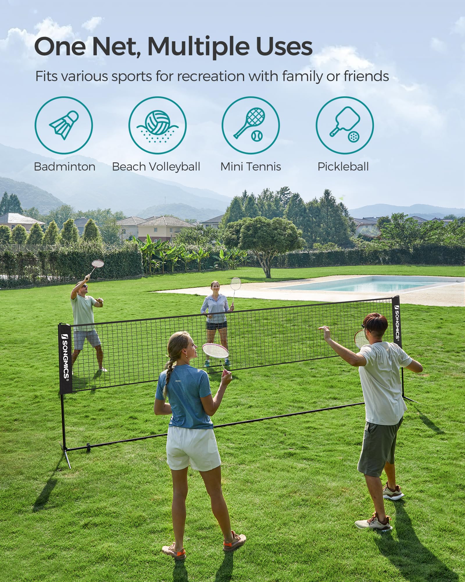 SONGMICS Badminton Net, Height Adjustable Volleyball Net, Pickleball Net for Junior Tennis, Kids, Indoor Outdoor Court, Foldable Nylon Net with Poles 10ft/13ft/16.5ft Wide - Tennis Mindset